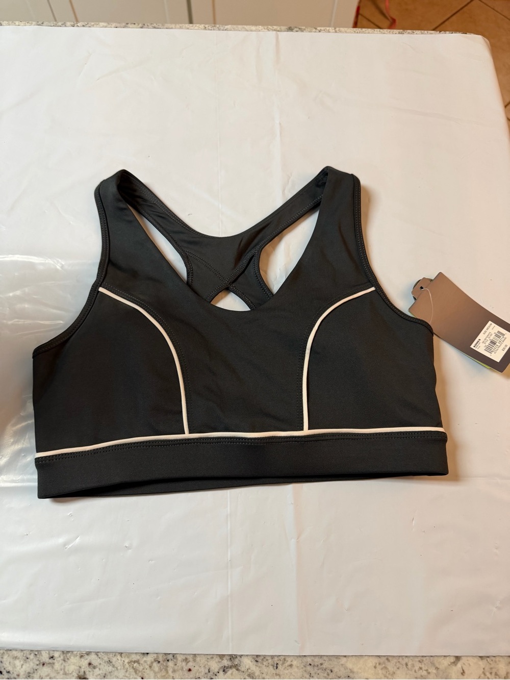 Kohl's Dark Charcoal Sports Bra with Cream Contrast Piping